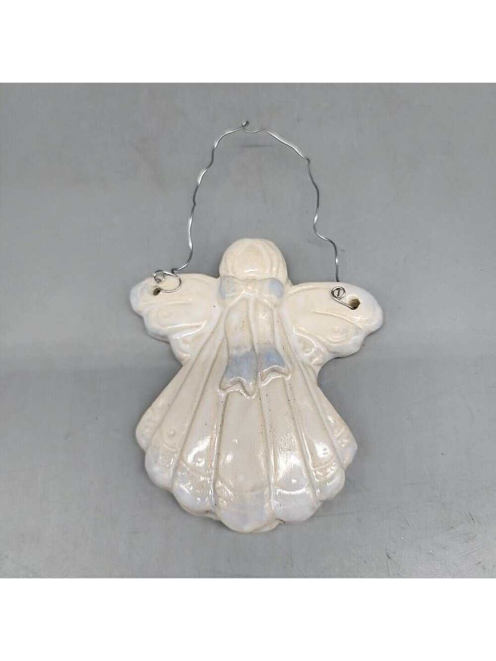 Vintage Heavy Plaster Christmas Angel Ornament 4.5" White Blue